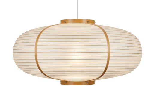Isolated mid-century modern pendant lamp fixture suspended indoors, paper lantern, illuminated