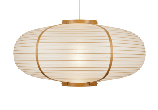 Isolated mid-century modern pendant lamp fixture suspended indoors, paper lantern, illuminated