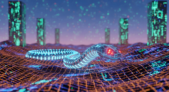 Neon cobra emerges from a digital landscape with glowing pillar structures - Powered by Adobe