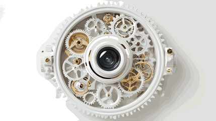 Intricate Gear and Lens Mechanism in White and Gold