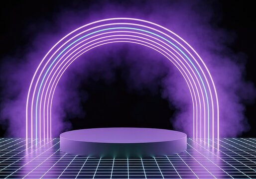 Neon archway stage with podium and grid floor, synthwave retro futurism - Powered by Adobe