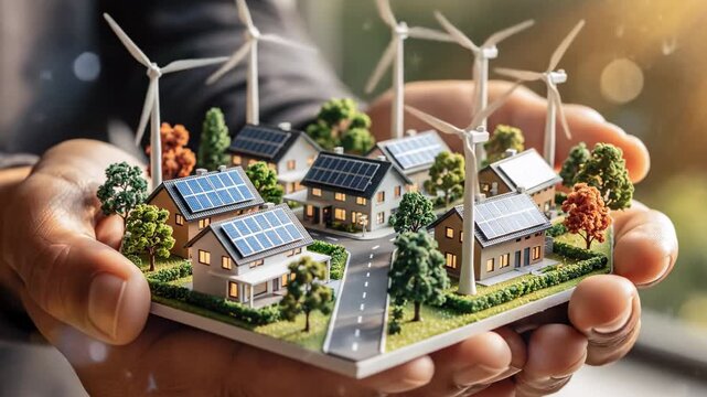 Sustainable energy solar panel wind turbine eco village green power renewable clean eco friendly