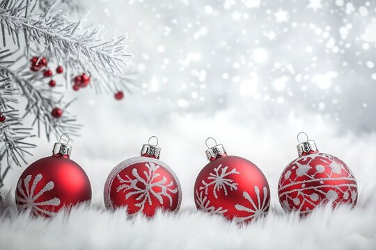 Red Christmas Baubles with Snowflake Patterns on White Faux Fur, Frosted Pine Branch with Red Berries in Background, Snowy Blurred Bokeh Effect for Holiday Decor and Greeting Card Design