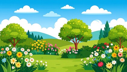 Fototapeta premium Cartoon landscape bright sky, puffy clouds, lush green grass, colorful flowers, and trees on rolling hills
