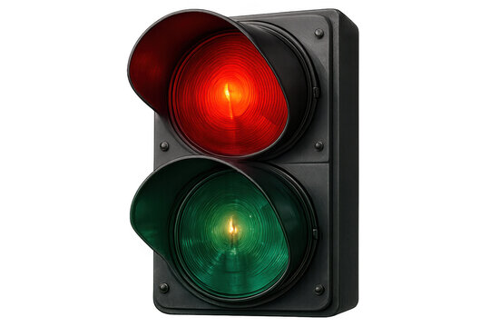 Traffic light showing red stop signal and green go signal, controlling vehicle and pedestrian movement, transparent background
