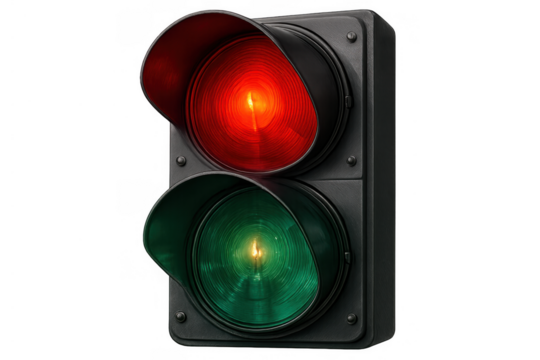 Traffic light showing red stop signal and green go signal, controlling vehicle and pedestrian movement, transparent background