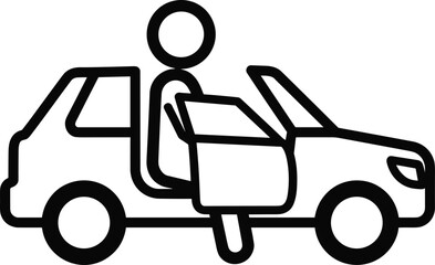Person entering vehicle, open car door, transportation gesture icon, mobility action symbol, auto movement drawing,