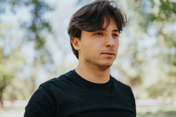 A thoughtful young man stands in a sunlit park wearing a black T-shirt. The blurred green background suggests nature and serenity, suitable for lifestyle, wellness, and outdoor portraits.