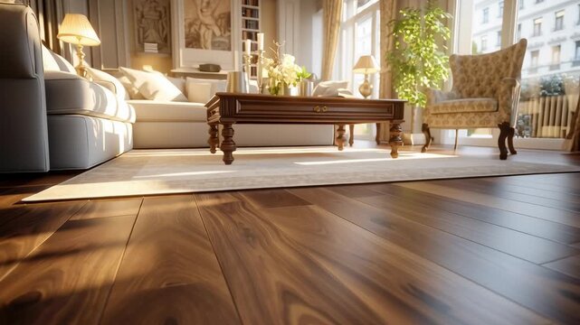 Elegant living room interior with polished wooden floor, sunlight through large windows, and classic furniture in warm tones