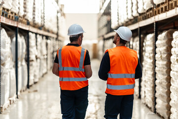 Warehouse workers inspecting inventory in logistics center