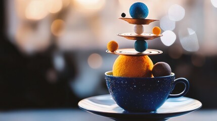 A Whimsical Planetary Dessert Composition in an Enchanting Coffee Cup