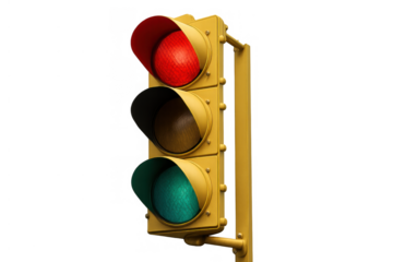 Traffic light showing red and green signal with yellow casing, regulating road traffic on urban intersections, transparent background