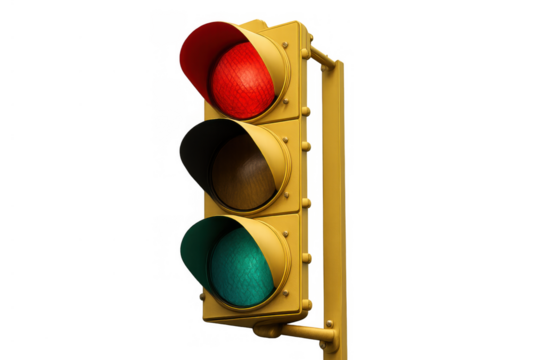 Traffic light showing red and green signal with yellow casing, regulating road traffic on urban intersections, transparent background