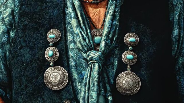 Close-up of a person wearing traditional silver and turquoise jewelry with a patterned green shirt and dark vest.