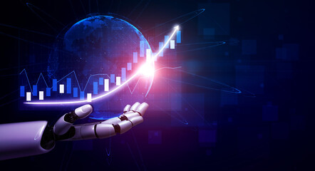 A futuristic robotic arm showcases a digital stock market growth trend on a dark blue background, emphasizing innovation in technology and finance. Impute