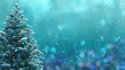 A Snowy Christmas Tree with Colorful Ornaments Against a Turquoise Bokeh Background