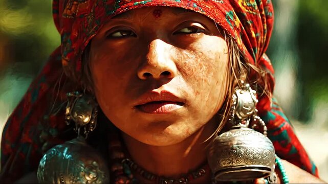 Portrait of a Young Woman in Traditional Nepalese Attire and Jewelry.