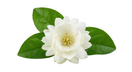 Obraz premium Jasmine flower with green leaves isolated on transparent background