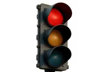 Traffic light showing red light, symbolizing stopping, danger, warning and control on transparent background