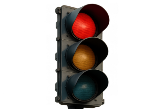 Traffic light showing red light, symbolizing stopping, danger, warning and control on transparent background