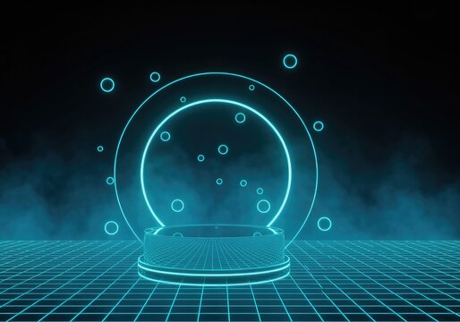 Neon grid stage with glowing circles and smoke effect, retro future cyberspace portal