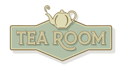 Tea room vintage sign vector – mint and gold badge with elegant teapot design. Tea room vintage sign vector – mint and gold badge with elegant teapot design.