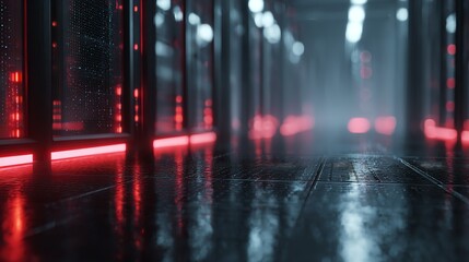 Dark Data Center Hallway with Red Lights and Floor Reflections