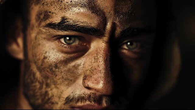 Intense Portrait of a Man with Shadow and Grit in Dramatic Lighting.