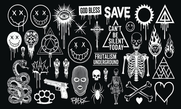 Collection of black and white grunge style illustrations, perfect for creative design projects and visuals