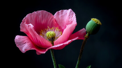A pink poppy flower with its center and bud on a black background