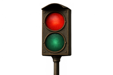 Vintage style traffic light showing red and green signals for stopping and going, transparent background