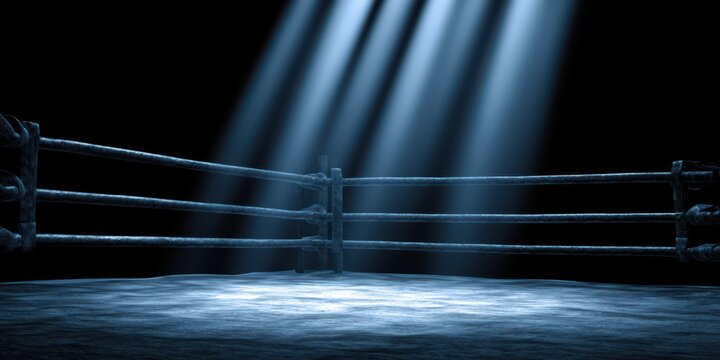 Rayos de luz iluminando el ring de boxeo en ambiente oscuro. Durante el combate se crea atm&oacute;sfera dram&aacute;tica y deportiva