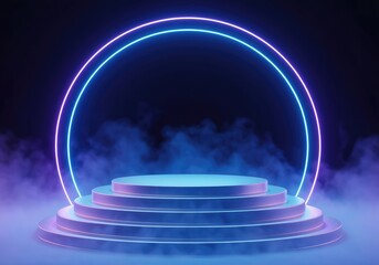 Neon lit stage with circular frame and smoke, futuristic presentation backdrop, virtual background