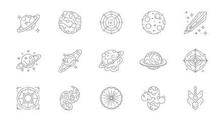 Whimsical cosmic exploration collection, celestial illustrations and planetary icons ideal for
