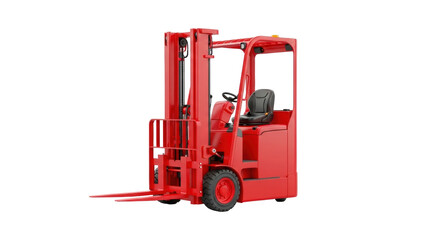 Isolated red forklift truck ready for warehouse operations, industrial work and shipping supplies