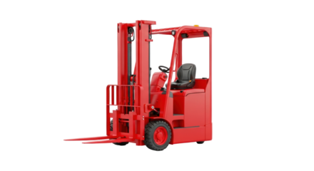 Isolated red forklift truck ready for warehouse operations, industrial work and shipping supplies