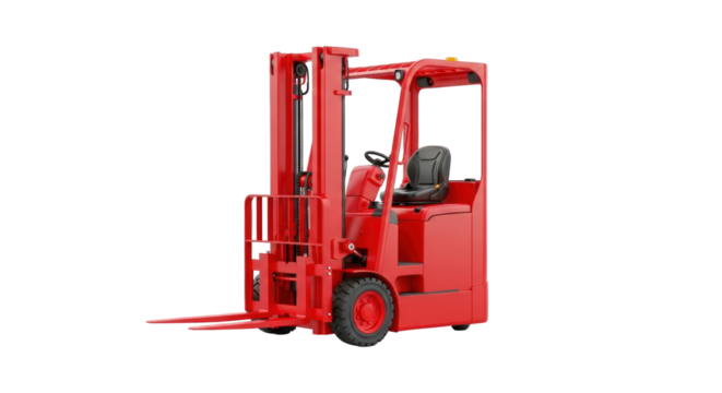 Isolated red forklift truck ready for warehouse operations, industrial work and shipping supplies