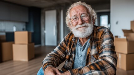 An elderly man with a warm smile sits in a modern home surrounded by cardboard boxes, moving on to a fresh start