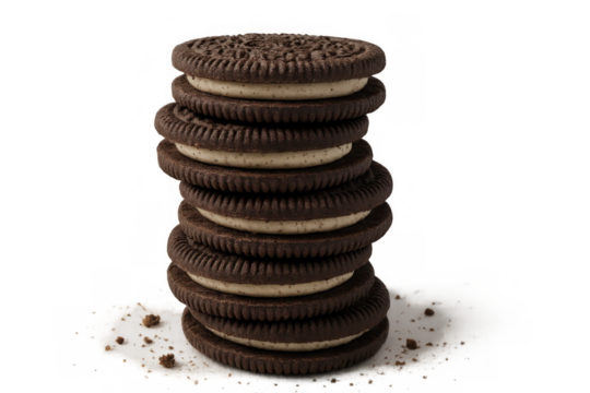 Stack of chocolate sandwich cookies with cream filling and crumbs, isolated on transparent background, sweet snack food