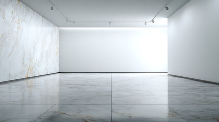 Fototapeta premium White gallery space with marble accent wall and polished floor interior empty