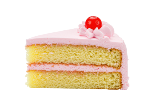Isolated cake slice with cherry frosting dessert, baked treat, confectionary, sweet baked treat