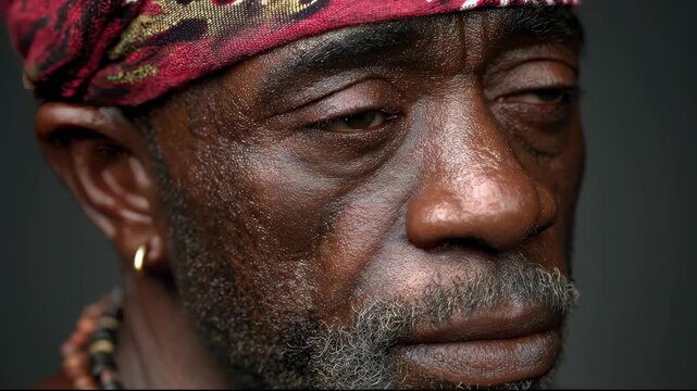 Close-up Portrait of an Elderly African Man with a Red Headband.