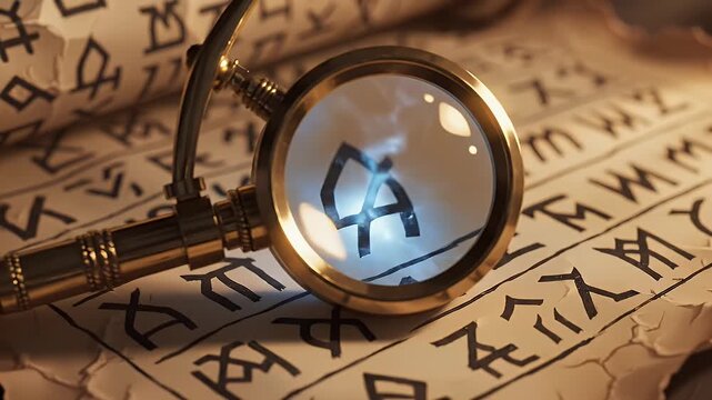Close-Up View of Antique Magnifying Glass Over Ancient Manuscript Illuminated Letters and Symbols