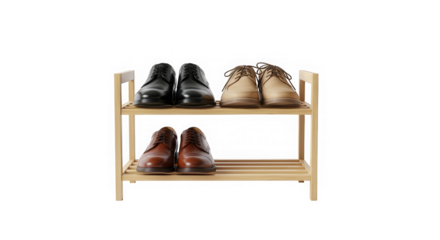 Elegant men's dress shoes on a wooden rack isolated on transparent background