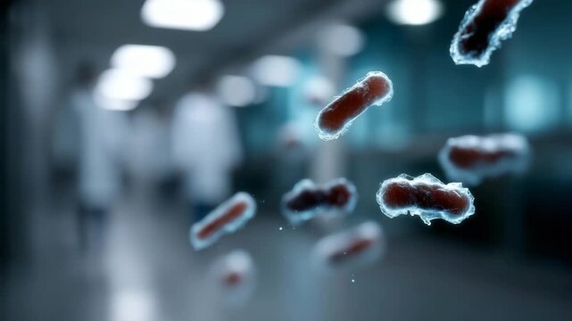 4K  microscopic 3D visualization of airborne bacteria and pathogens floating in the air inside a modern hospital corridor. The glowing microorganisms, shaped like