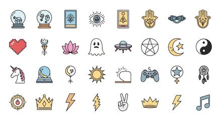 Collection of diverse whimsical icons representing mystical, cultural and symbolic elements