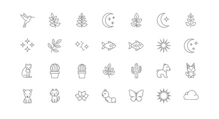 Delicate line art icons depicting nature, animals, and celestial elements