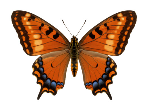 Isolated ulysses butterfly, open wing displaying vibrant orange with black and blue dots - Powered by Adobe