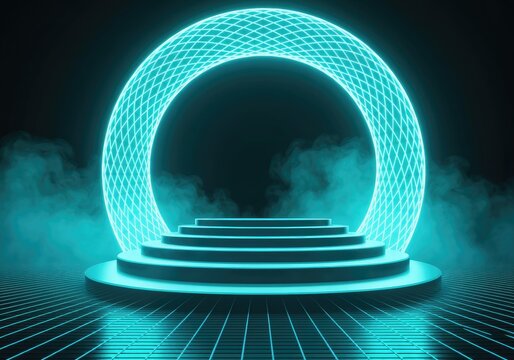 Neon ring stage with smoke and grid floor, cyberpunk futuristic glowing portal backdrop