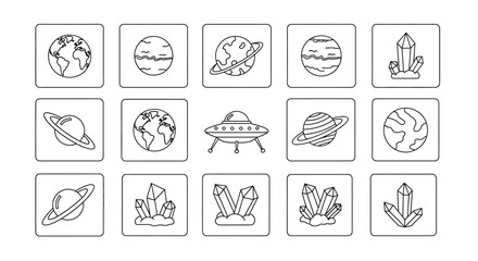 A set of outlined icons representing planets, crystals, and extraterrestrial themes grouped in a row